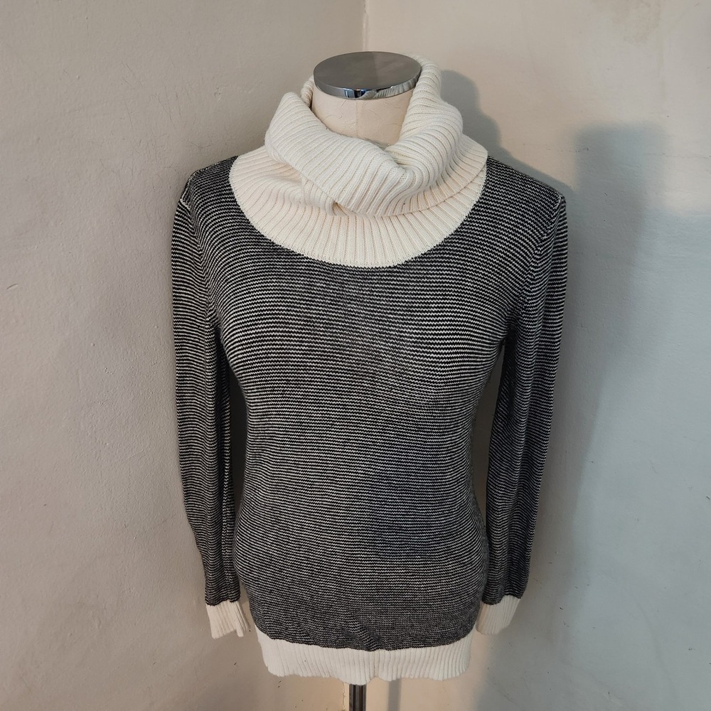 LOFT Petite Striped Turtleneck Sweater Black White‎ Women MP
